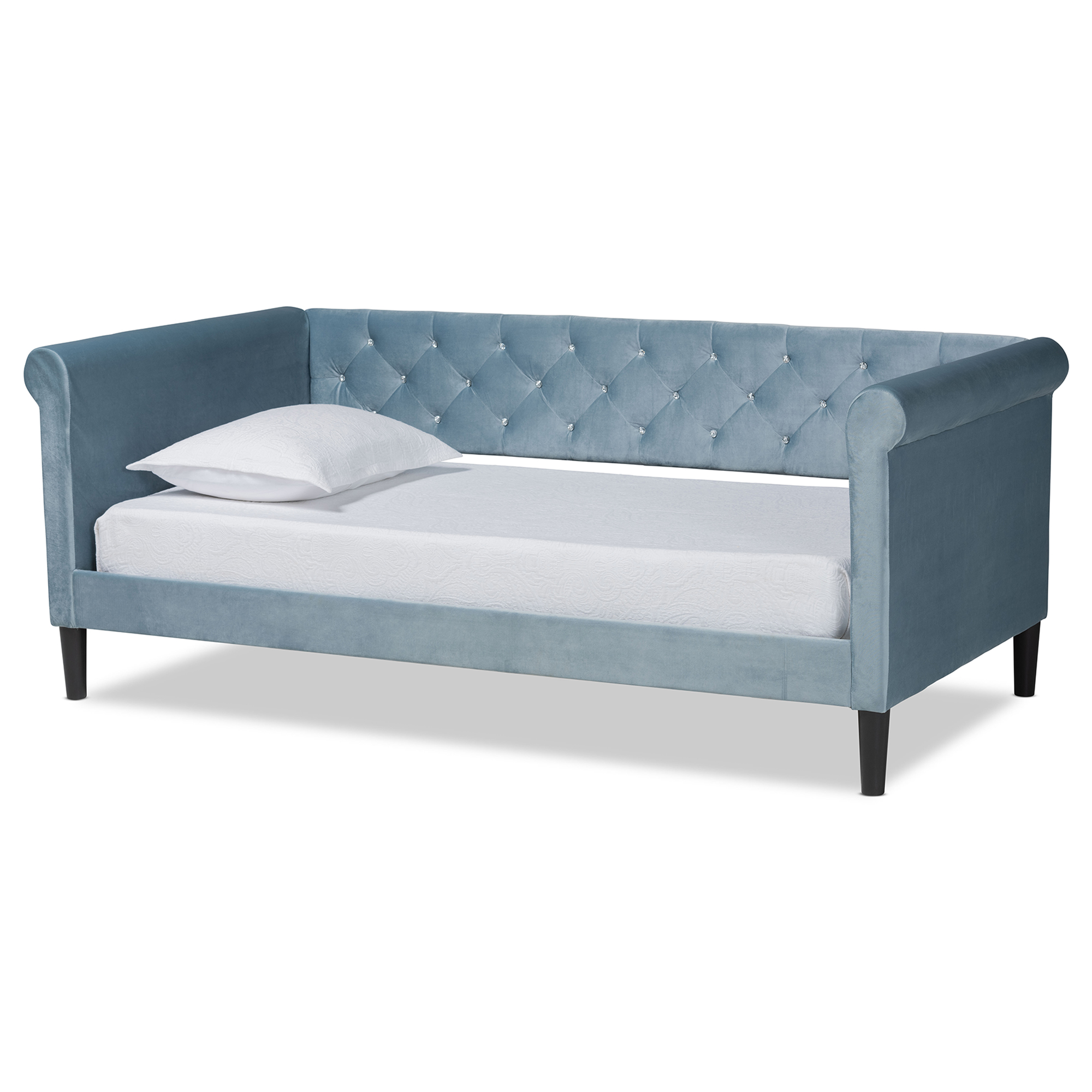 Baxton Studio Cora Modern and Contemporary Light Blue Velvet Fabric Upholstered and Dark Brown Finished Wood Full Size Daybed Affordable modern furniture in Chicago, classic bedroom furniture, modern full size, cheap full size